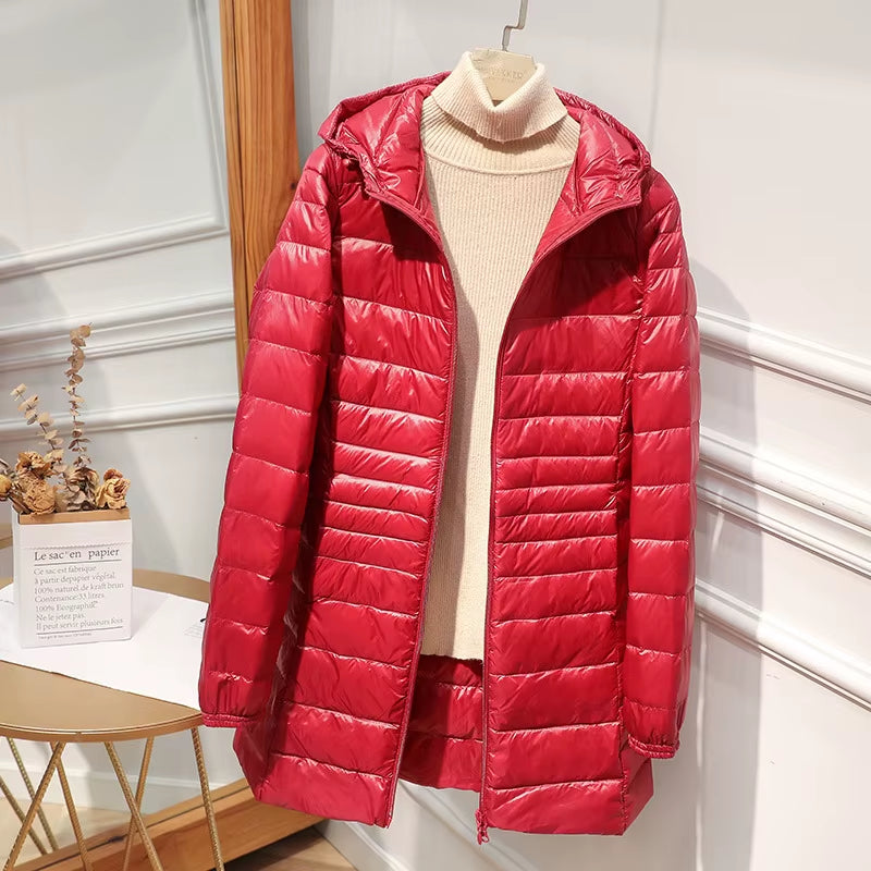 Female Long Warm down Coat with Portable Storage Bag Women Light down Jacket Ladies Overcoats Hip-Length High Street