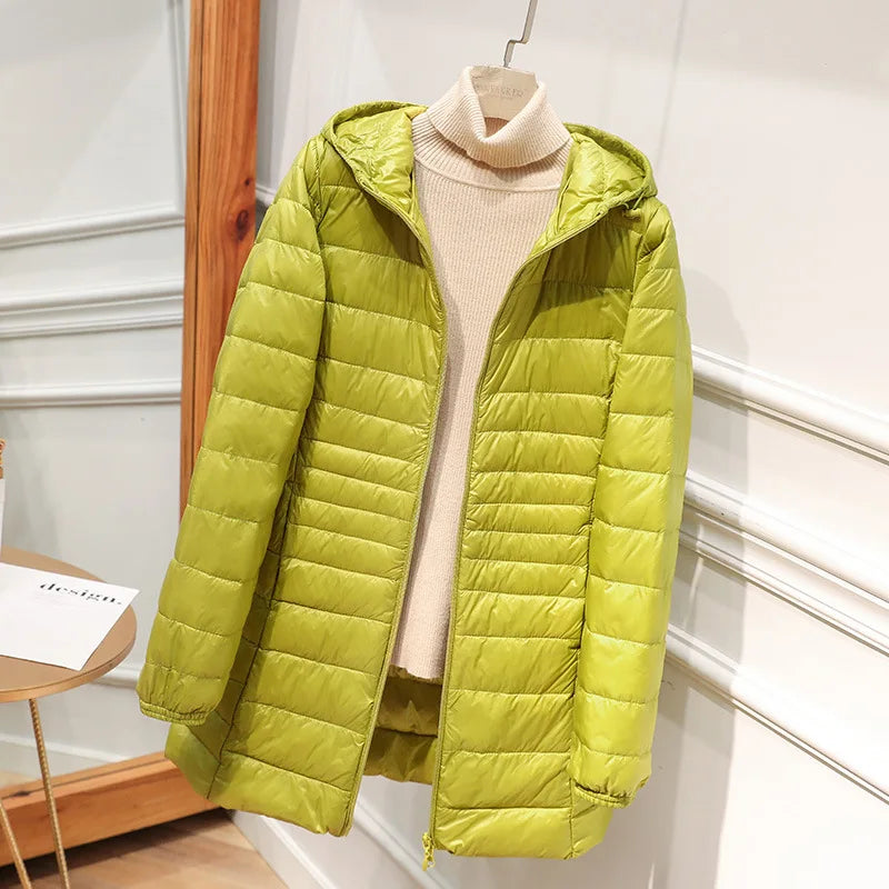 Female Long Warm down Coat with Portable Storage Bag Women Light down Jacket Ladies Overcoats Hip-Length High Street